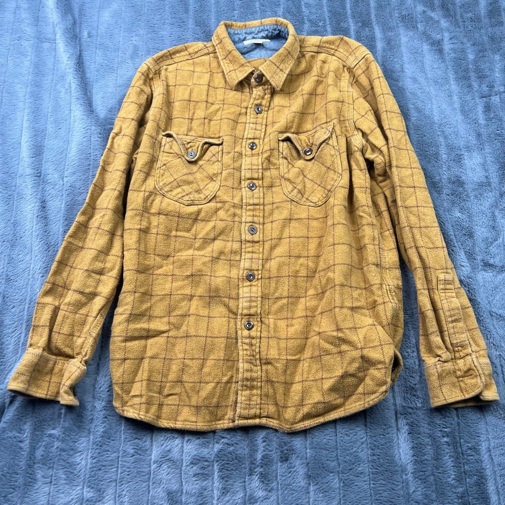 Wallace & Barnes J Crew Mens Large Flannel Work Shirt Yellow Plaid Button Down